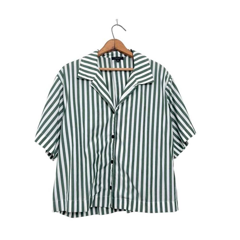Rag & Bone Striped Camp Collar Shirt Green White Cotton - Medium